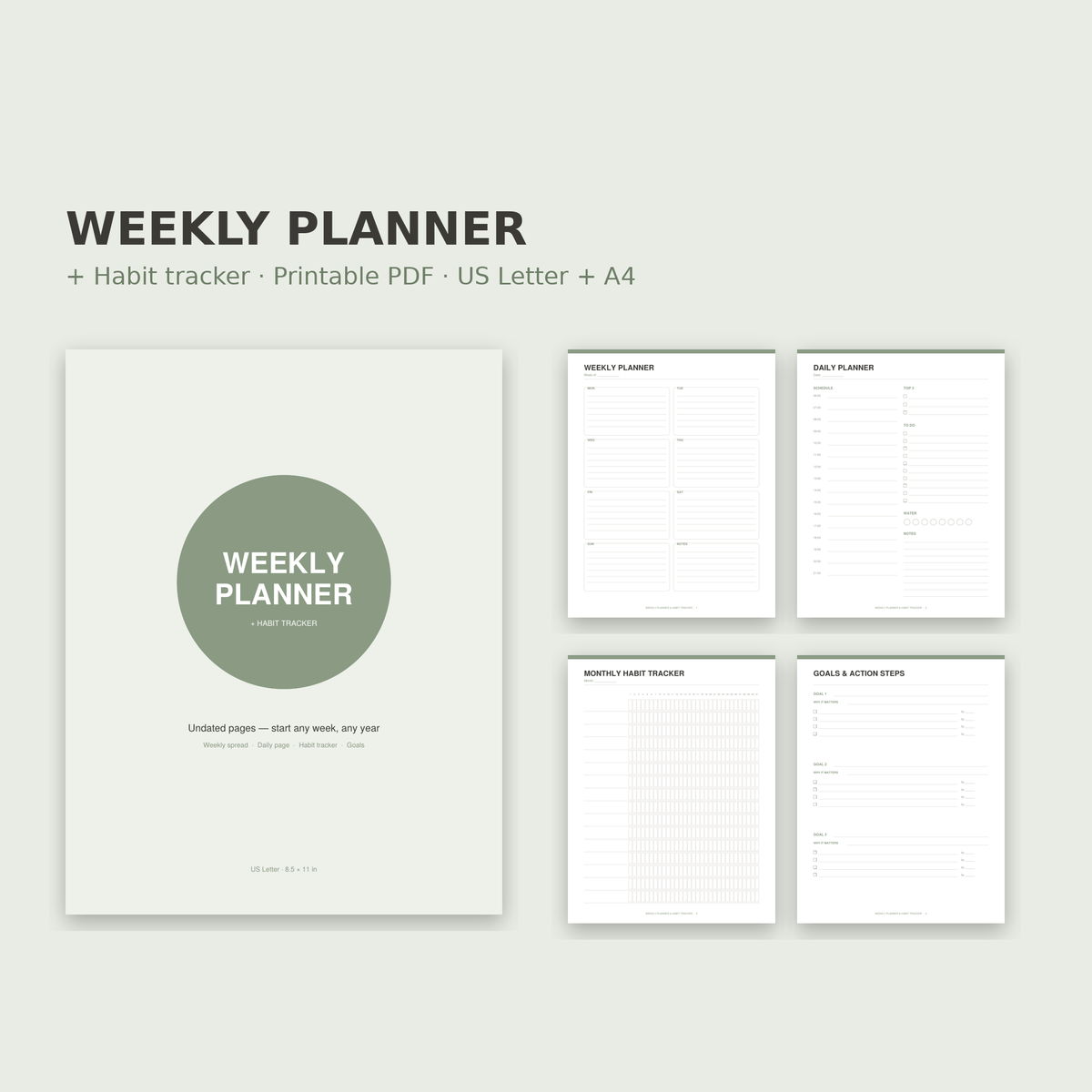 Weekly Planner & Habit Tracker – Undated Printable PDF