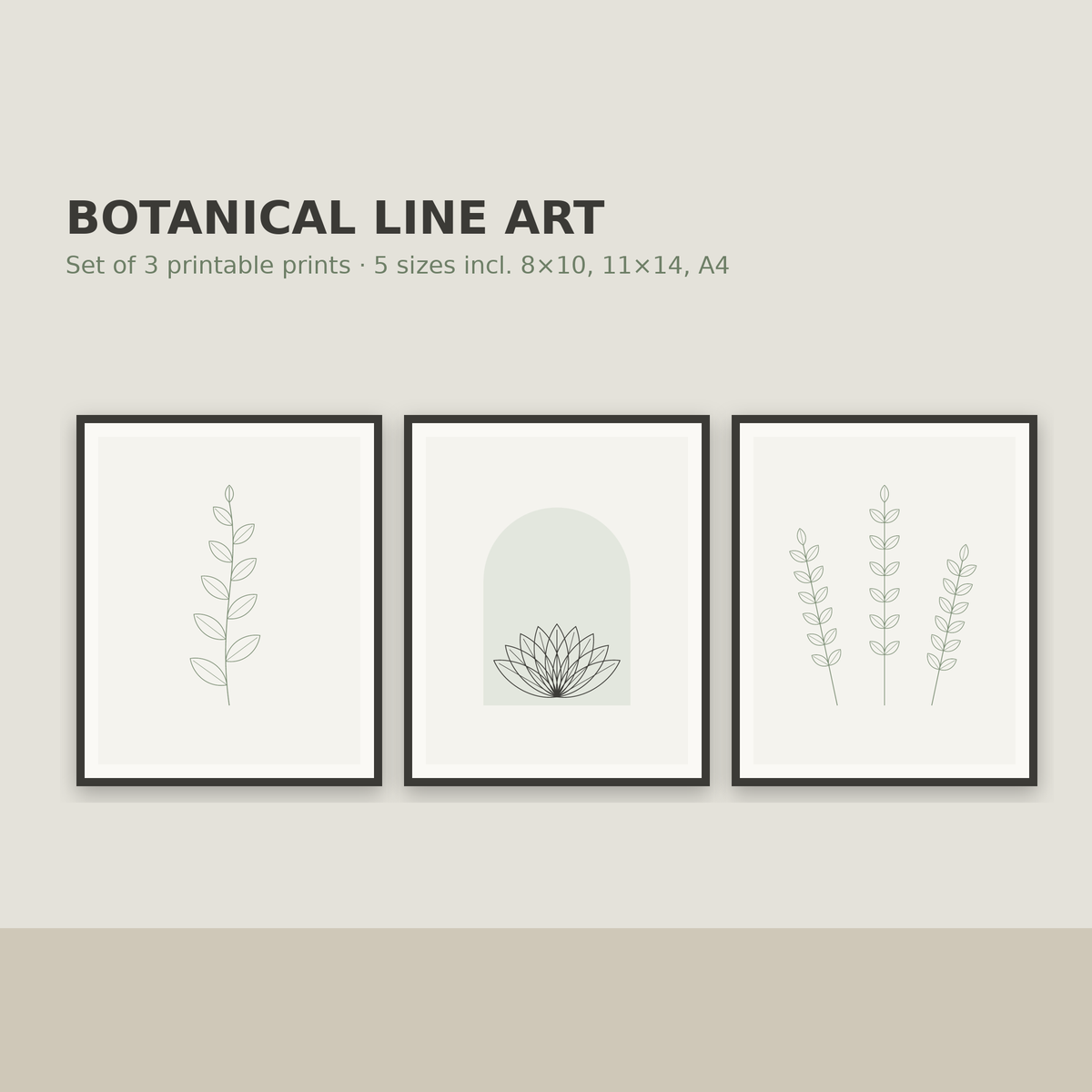 Botanical Line Art – Set of 3 Printable Sage Green Wall Prints