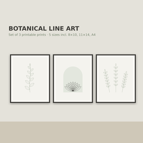 Botanical Line Art – Set of 3 Printable Sage Green Wall Prints