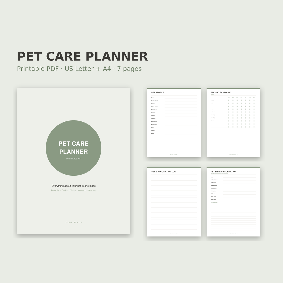 Pet Care Planner – Printable Pet Health, Feeding & Sitter Log
