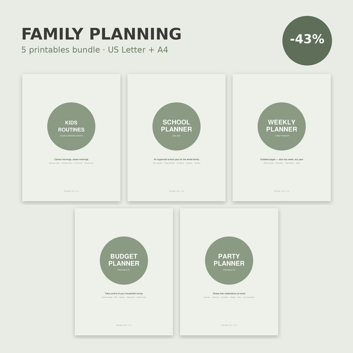 Family Planning Bundle – 5 Printable Planners