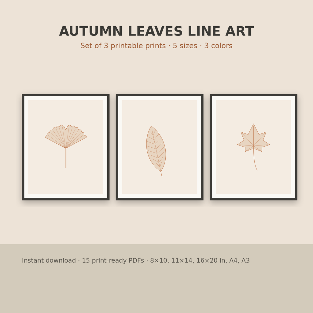 Autumn Leaves Line Art – Set of 3 Printable Fall Wall Prints