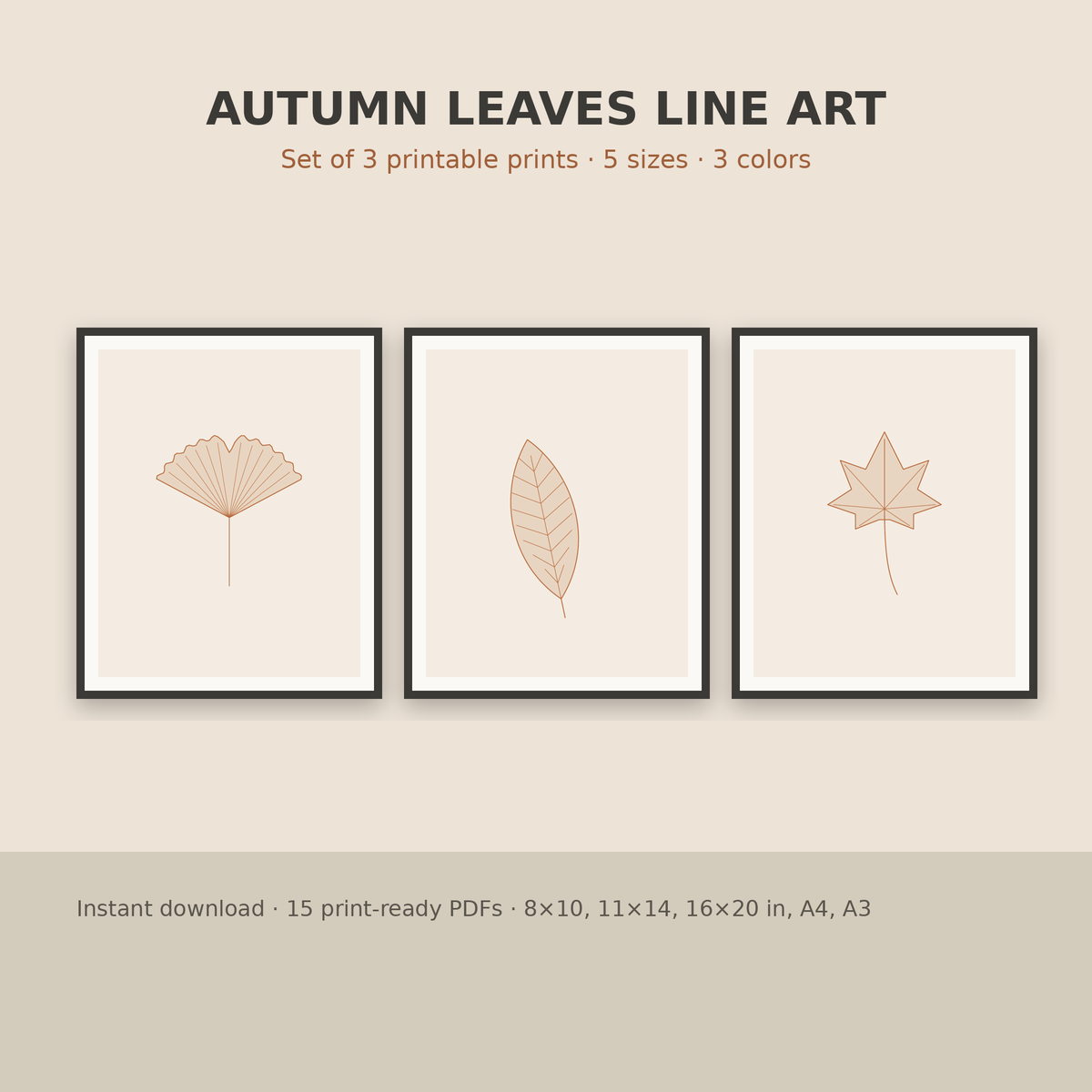 Autumn Leaves Line Art – Set of 3 Printable Fall Wall Prints
