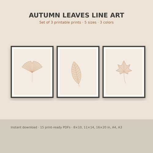 Autumn Leaves Line Art – Set of 3 Printable Fall Wall Prints