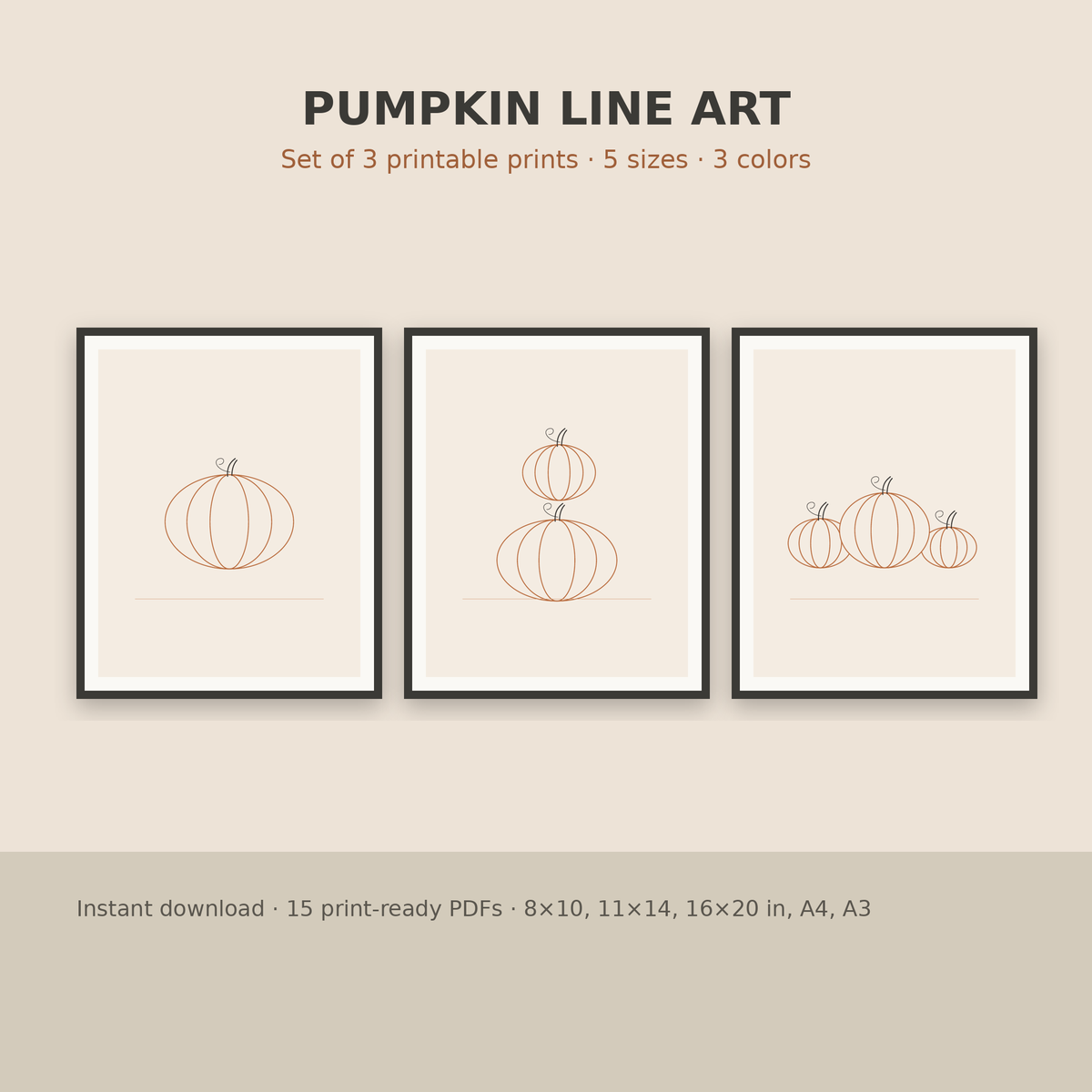Pumpkin Line Art – Set of 3 Printable Fall Wall Prints