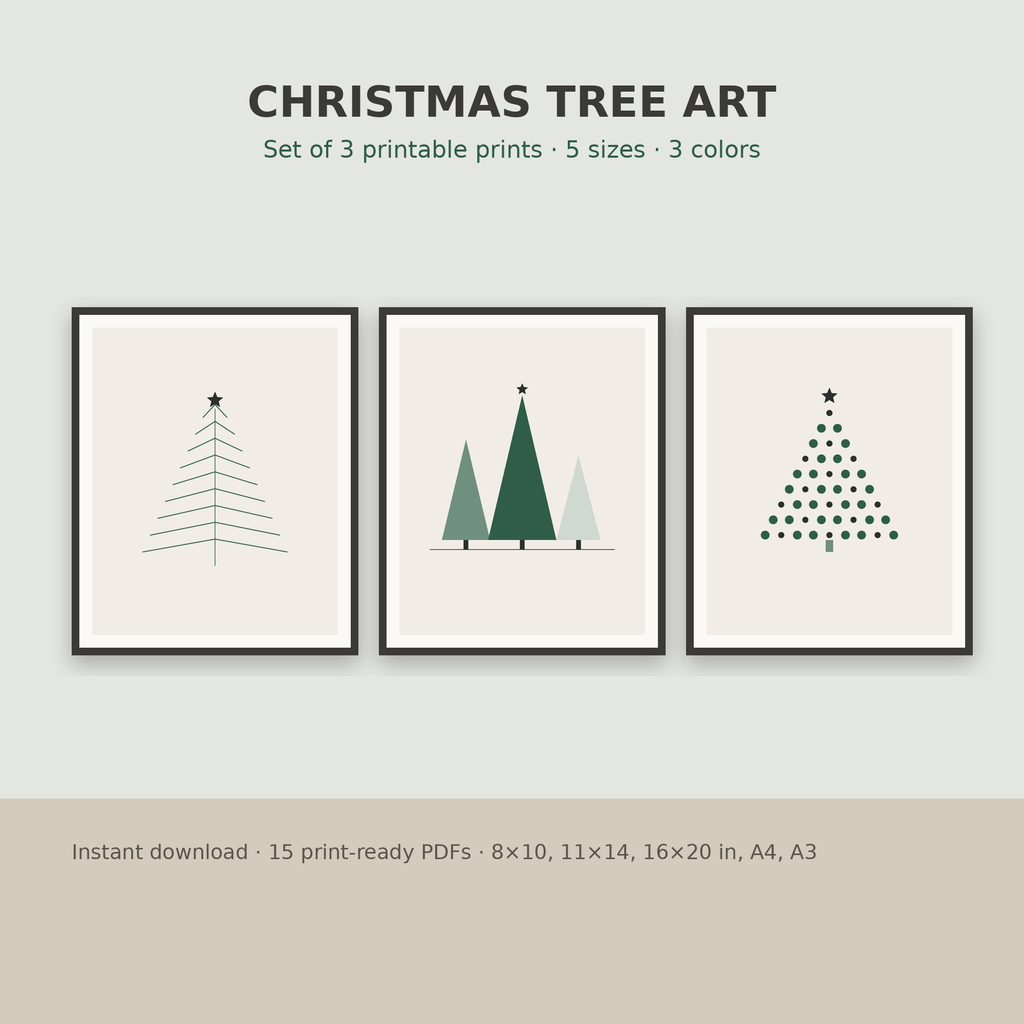 Minimalist Christmas Tree Art – Set of 3 Printable Wall Prints