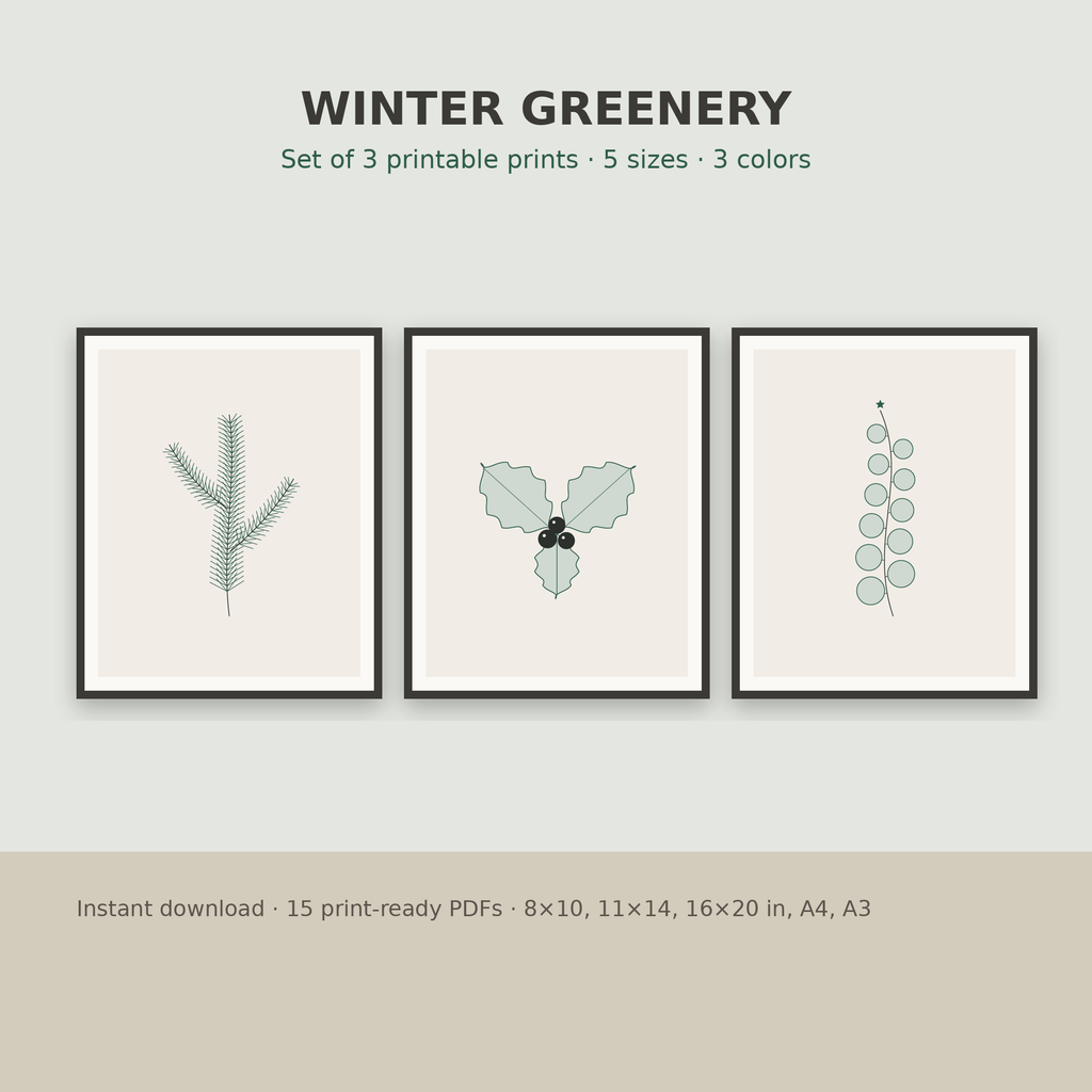 Winter Greenery Line Art – Set of 3 Printable Christmas Prints