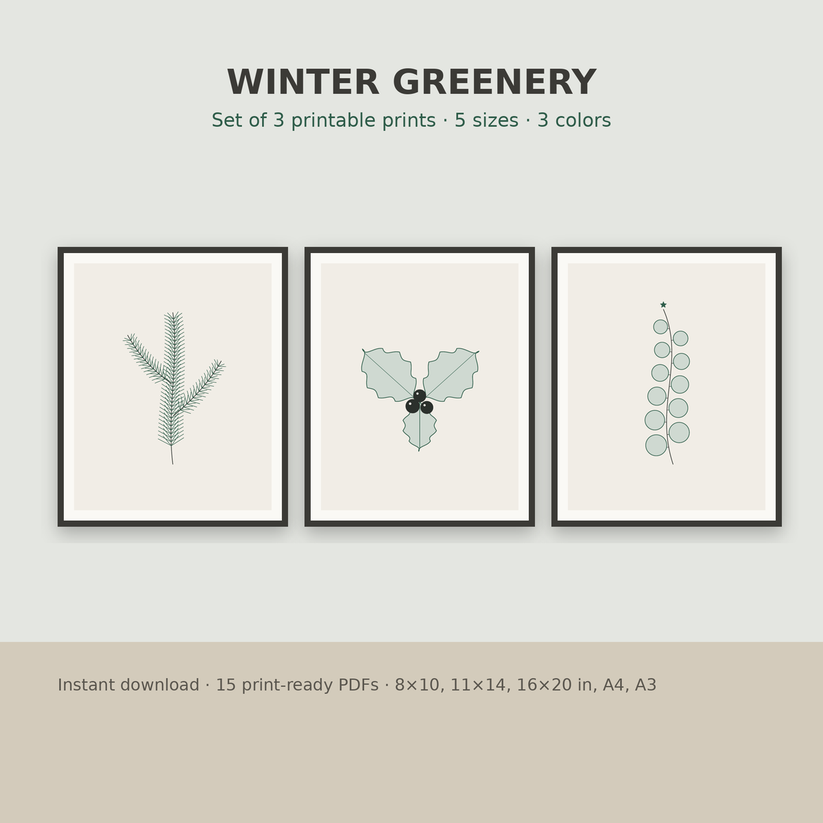 Winter Greenery Line Art – Set of 3 Printable Christmas Prints