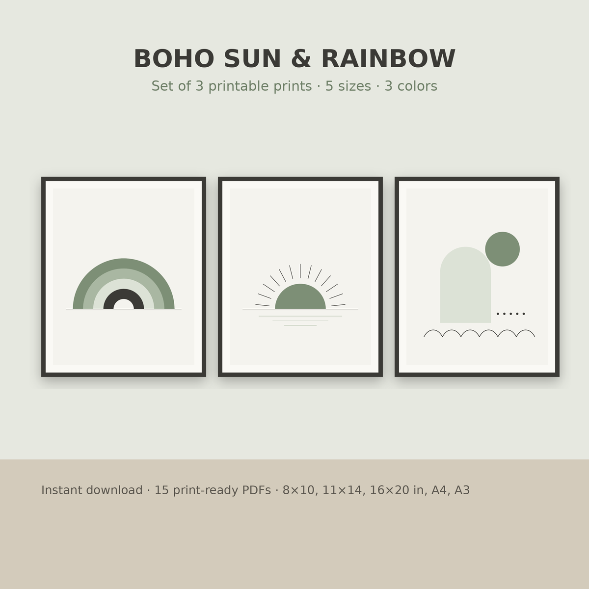 Boho Sun & Rainbow Art – Set of 3 Printable Mid-Century Prints