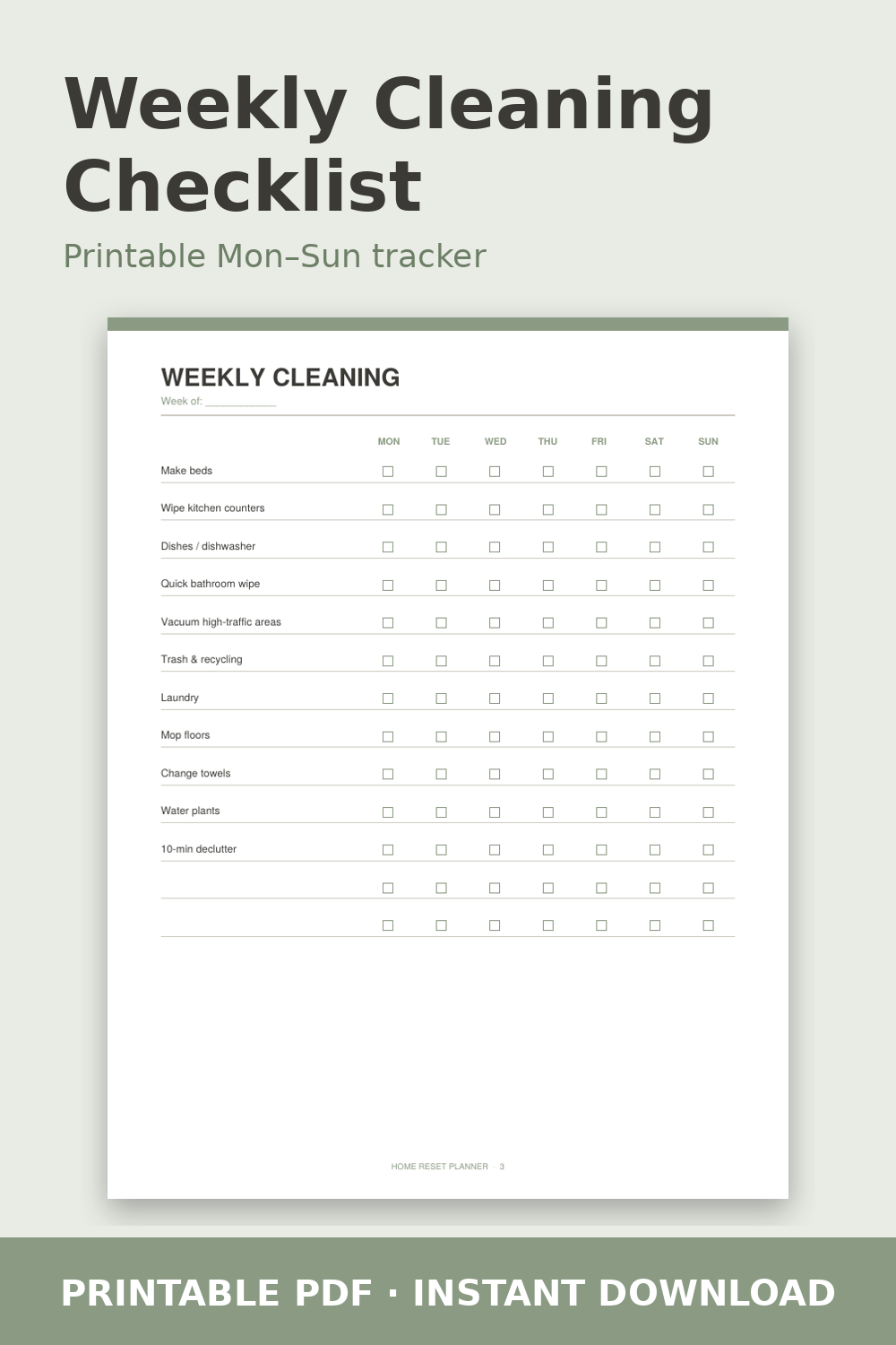 Home Reset Planner – Printable Cleaning & Home Organization PDF
